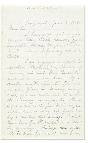 (CIVIL WAR.) GARRISON, WILLIAM LLOYD. Autograph Letter Signed, Wm Lloyd Garrison, to H.M. Jenkins, in pencil,